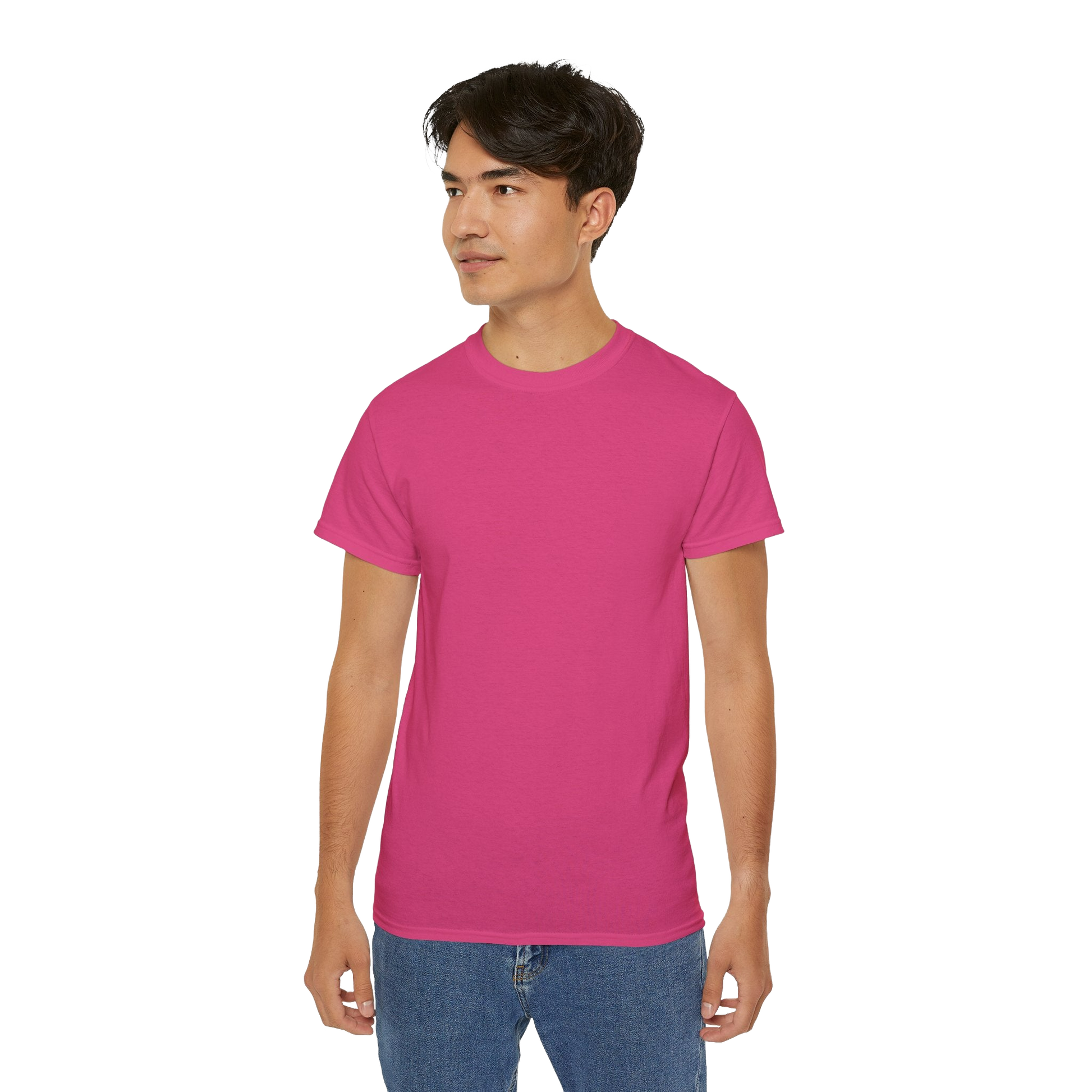 A young man wearing a pink t-shirt stands against a black background.