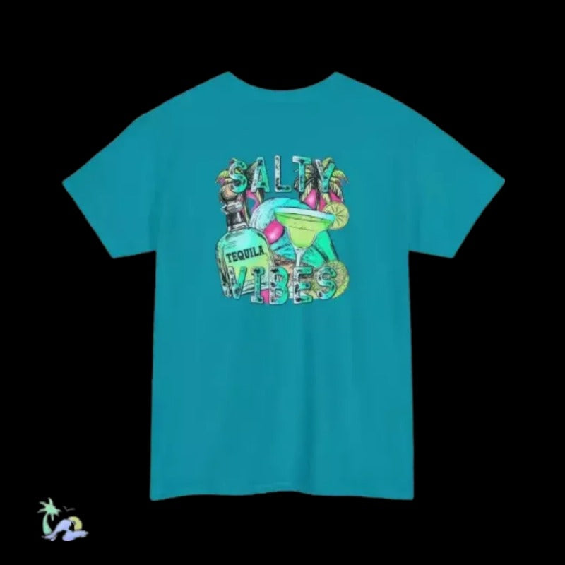 A teal-colored t-shirt with a graphic design featuring a tequila bottle, a margarita glass, and the text "SALTY VIBES" in a colorful, stylized font.