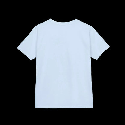 A plain white t-shirt against a black background.