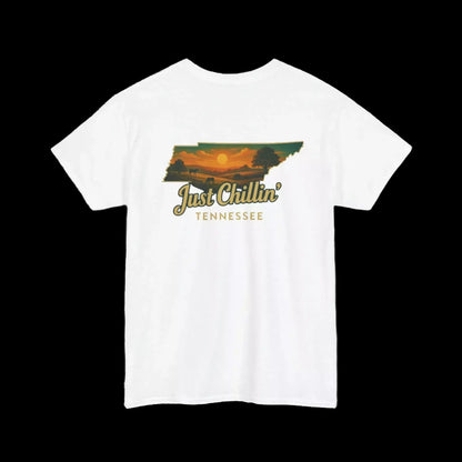 A white t-shirt with a graphic design depicting a sunset over the state of Tennessee.