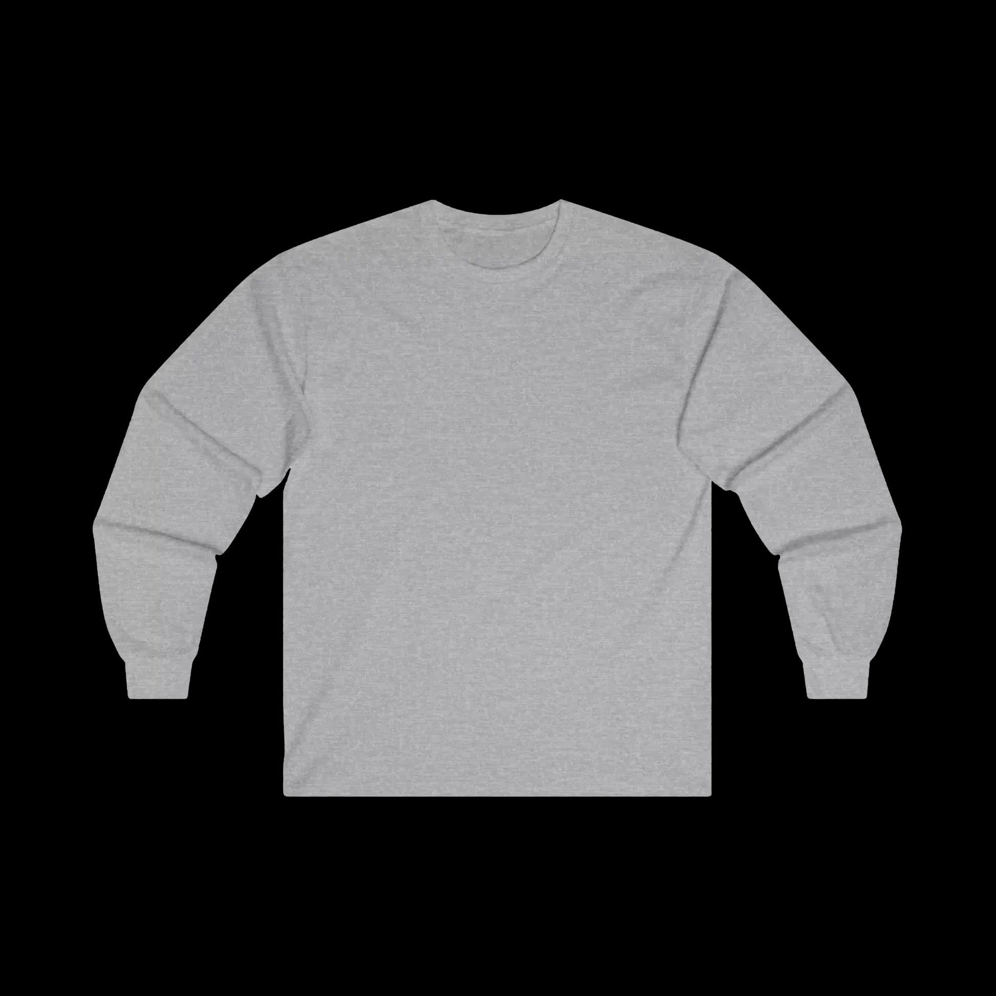 A gray long-sleeved shirt is shown against a black background.