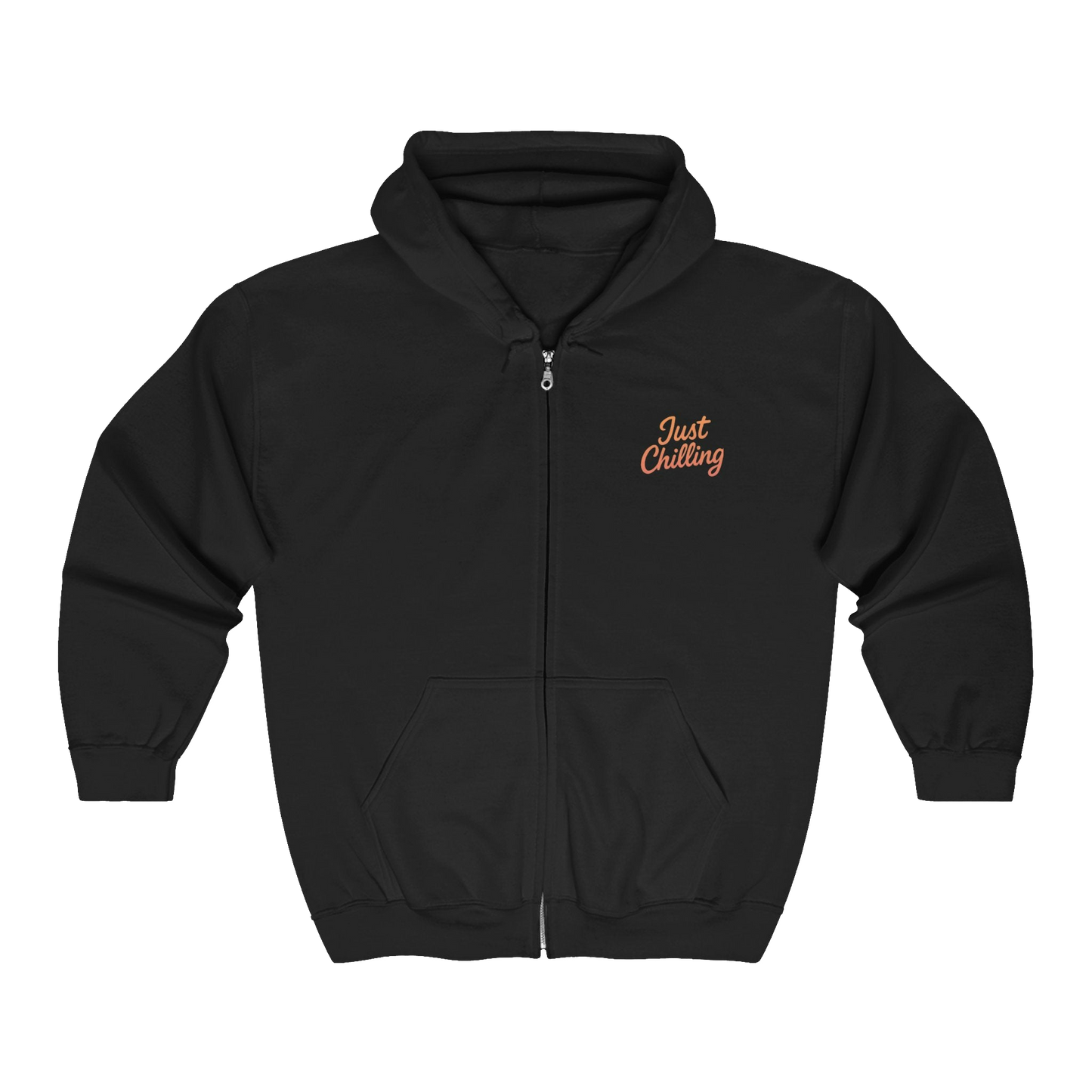 A black zip-up hoodie with the text "Just Chilling" printed on the front.