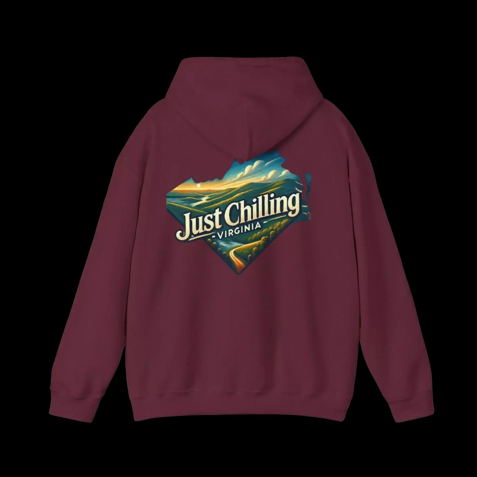 A maroon hoodie with a graphic design on the back, featuring a scenic landscape with mountains and a body of water.