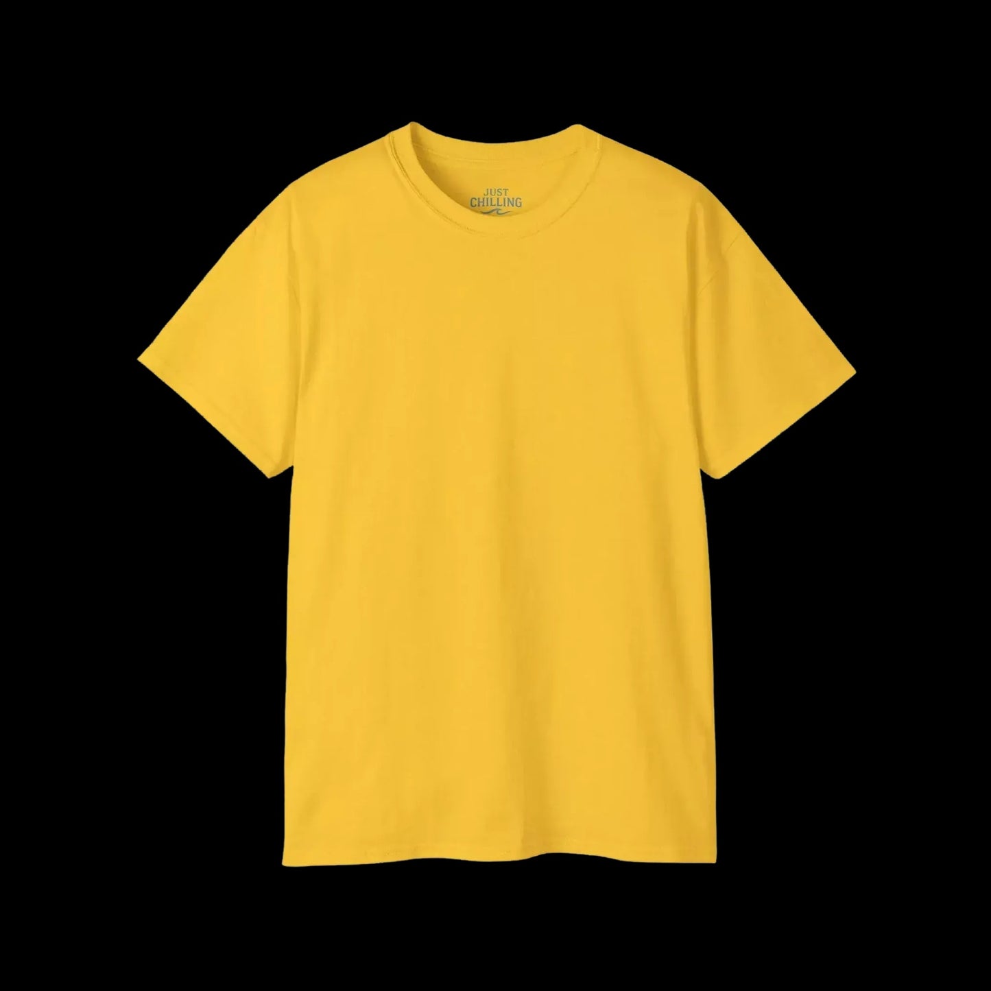 A plain, yellow t-shirt against a black background.