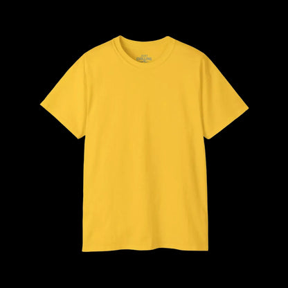 A plain, yellow t-shirt against a black background.