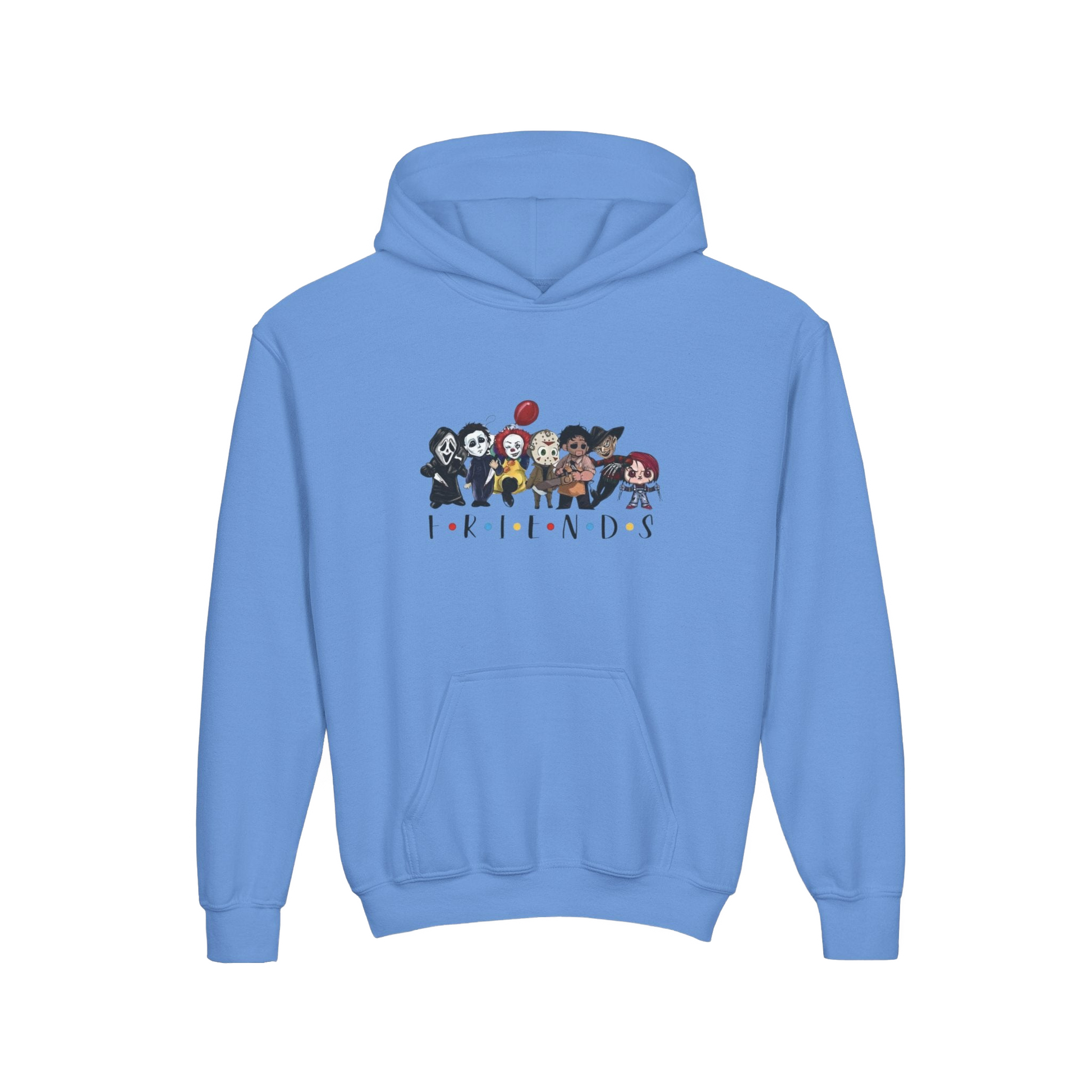 A light blue hoodie with a graphic design featuring a group of cartoon characters.