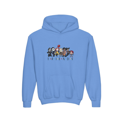 A light blue hoodie with a graphic design featuring a group of cartoon characters.