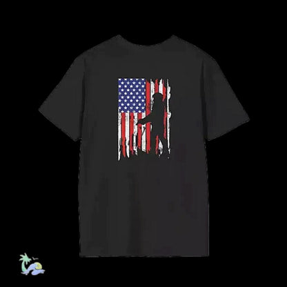 A black t-shirt with a graphic design depicting a silhouetted figure against an American flag.