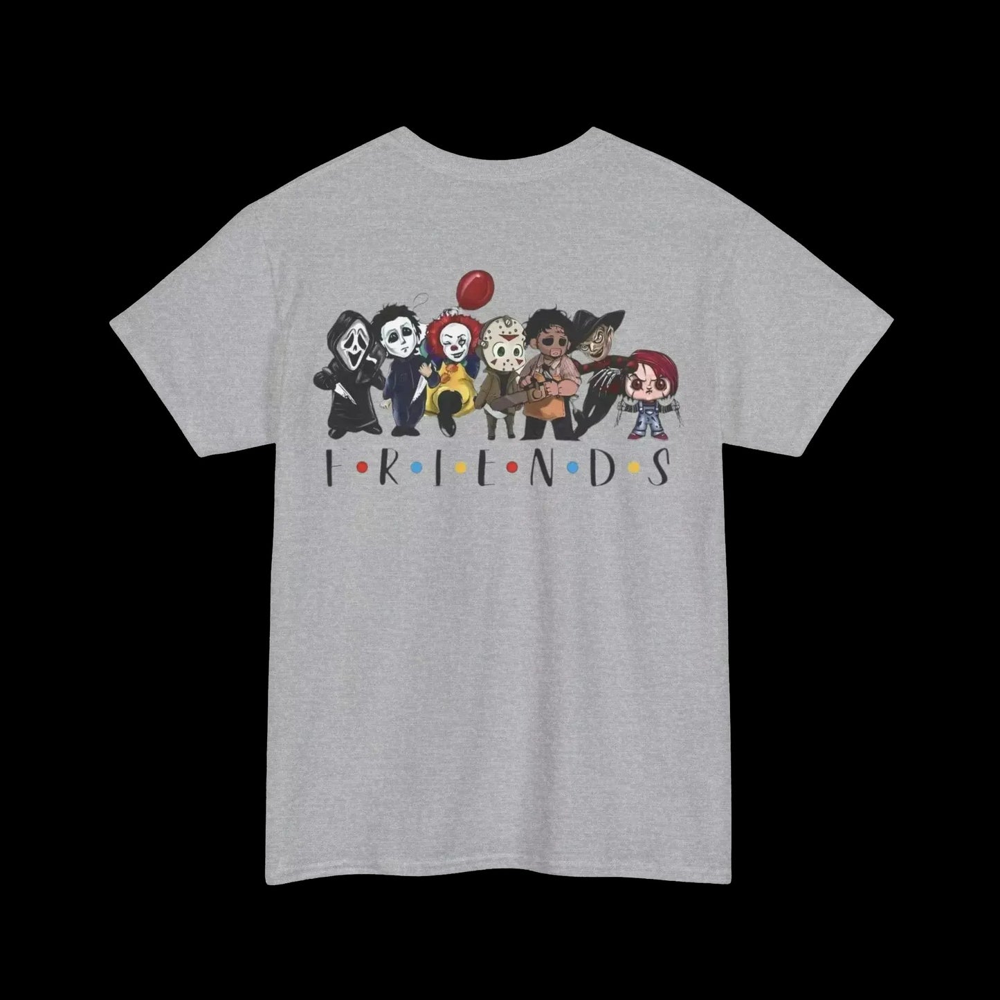 A gray t-shirt with a graphic design featuring a group of cartoon characters from the TV show Friends.