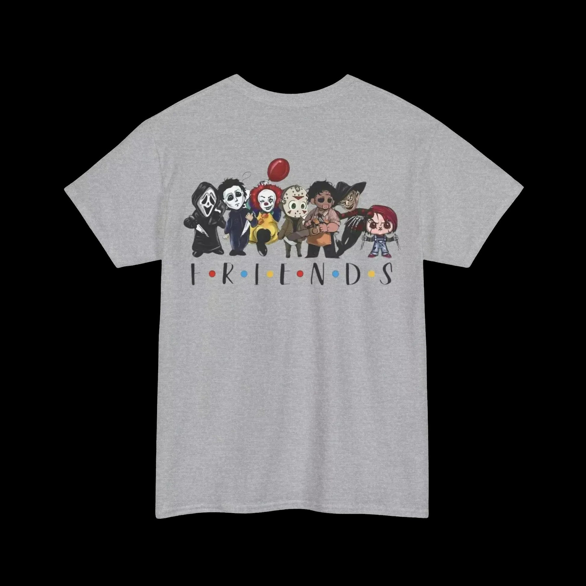 A gray t-shirt with a graphic design featuring a group of cartoon characters from the TV show Friends.