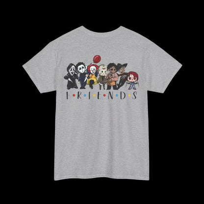 A gray t-shirt with a graphic design featuring a group of cartoon characters from the TV show Friends.