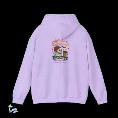 A light purple hoodie with a graphic design on the back.