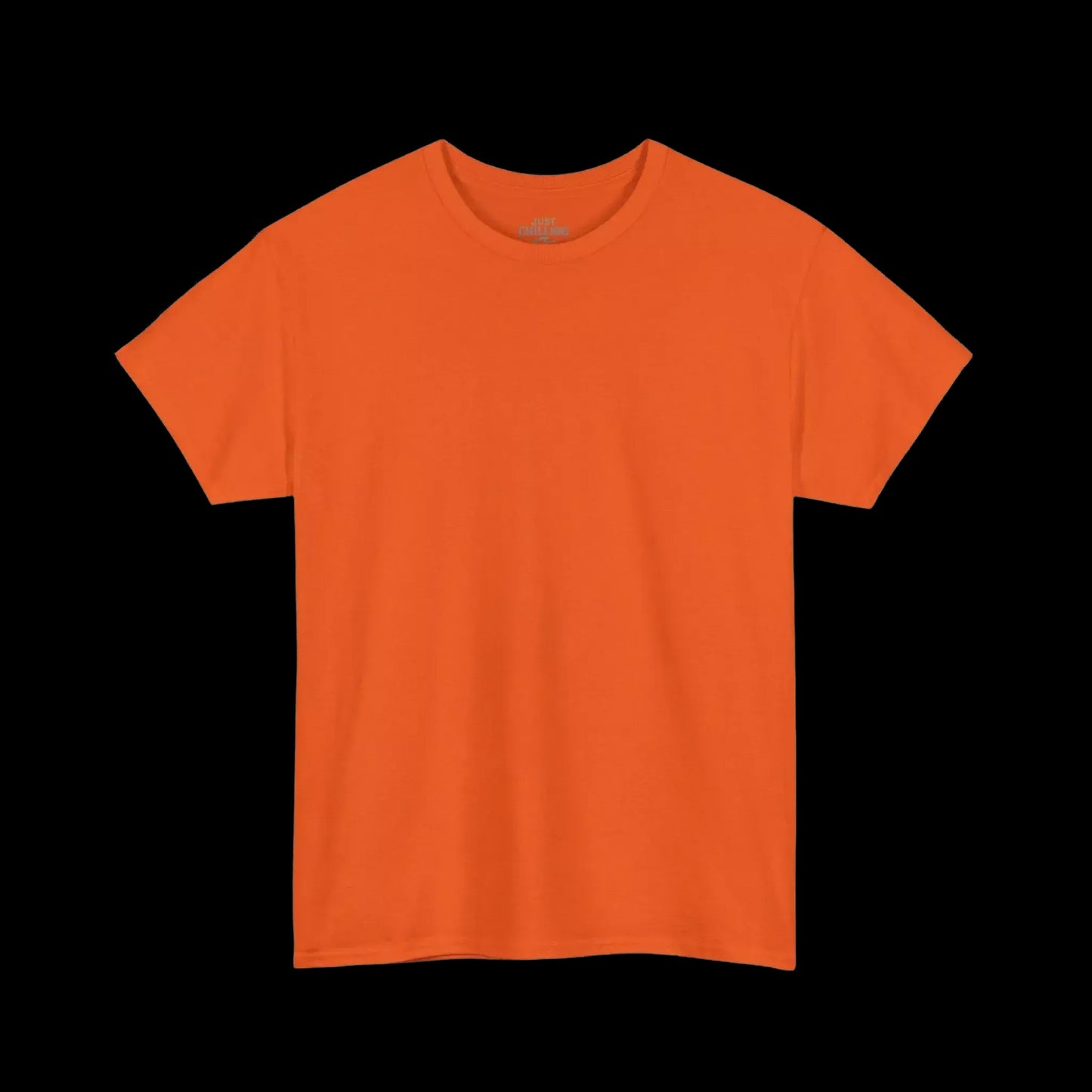 A plain, bright orange t-shirt is shown against a black background.