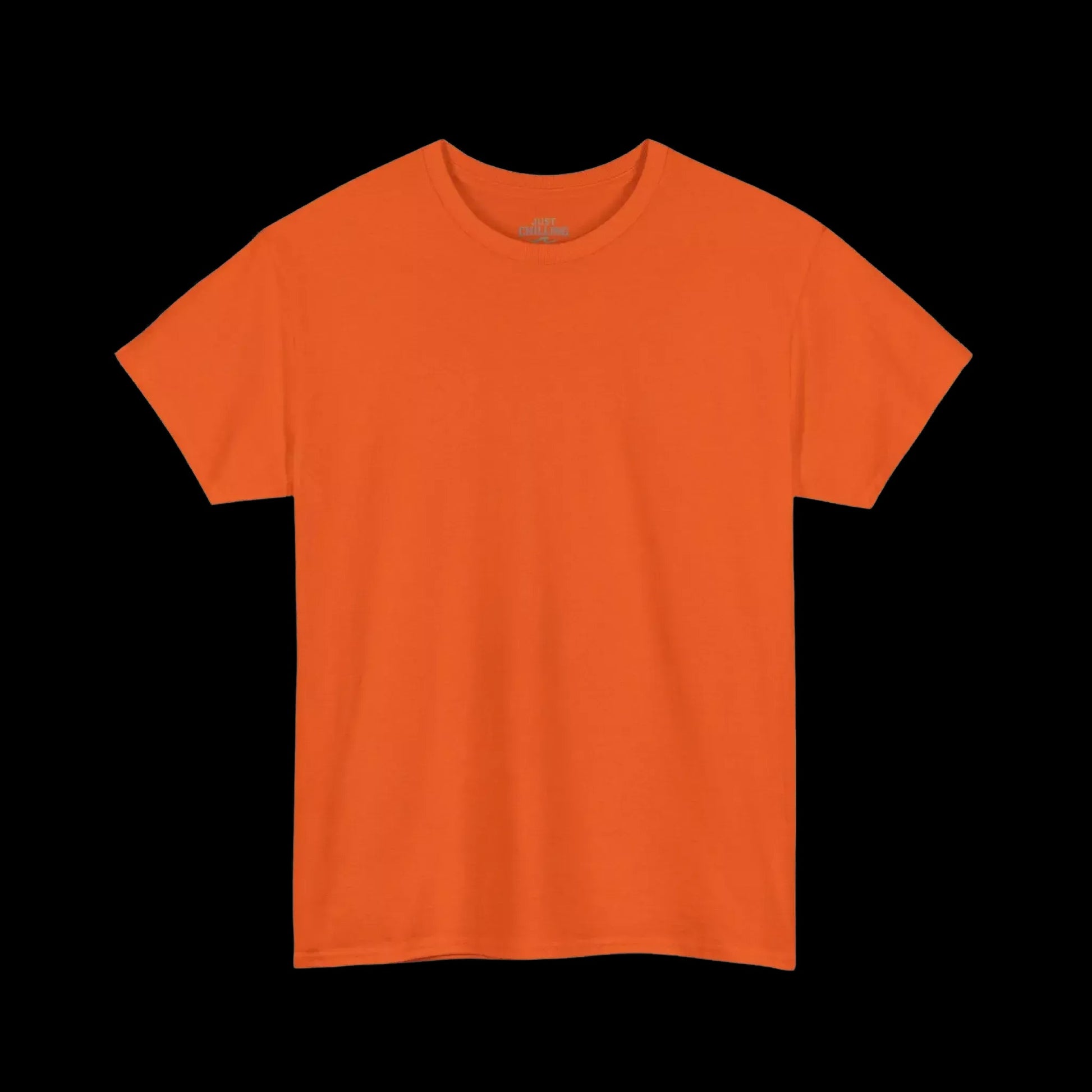 A plain, bright orange t-shirt is shown against a black background.