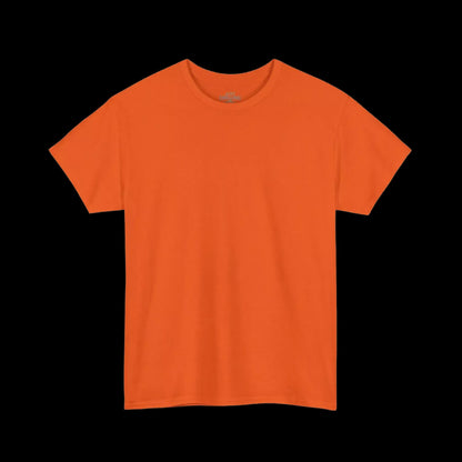 A plain, bright orange t-shirt is shown against a black background.