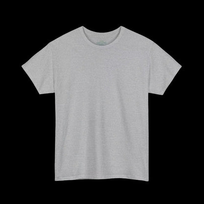 A plain, gray t-shirt against a black background.
