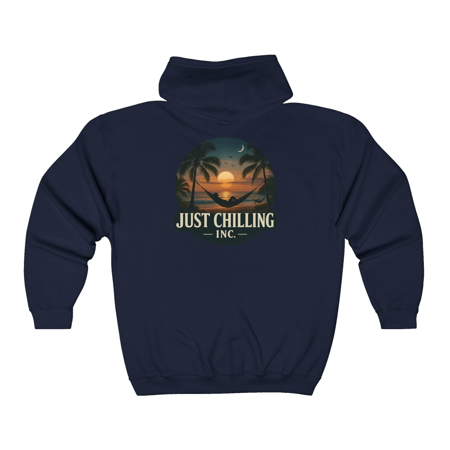 A navy blue hoodie with a graphic design on the back depicting a sunset and palm trees.