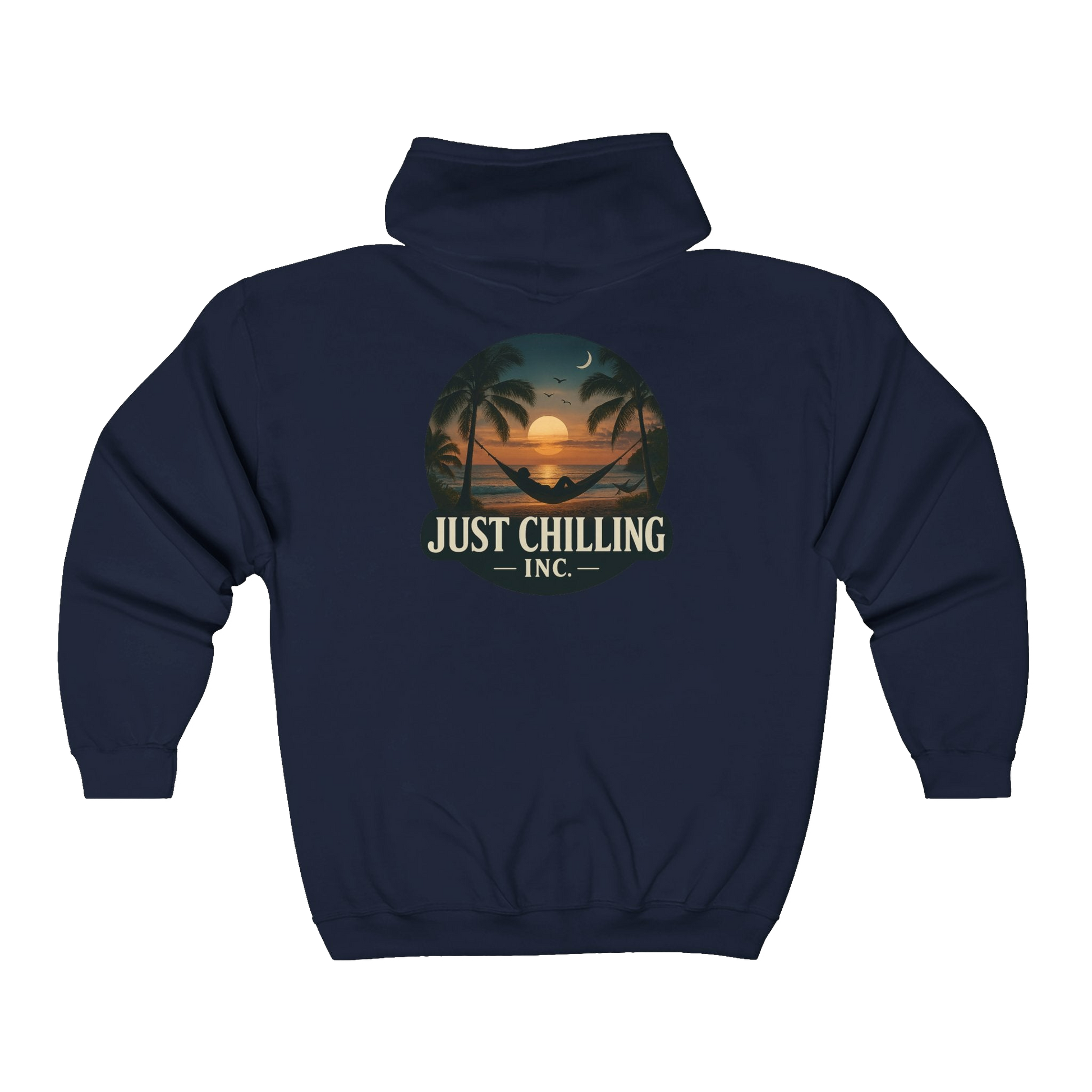 A navy blue hoodie with a graphic design on the back depicting a sunset and palm trees.