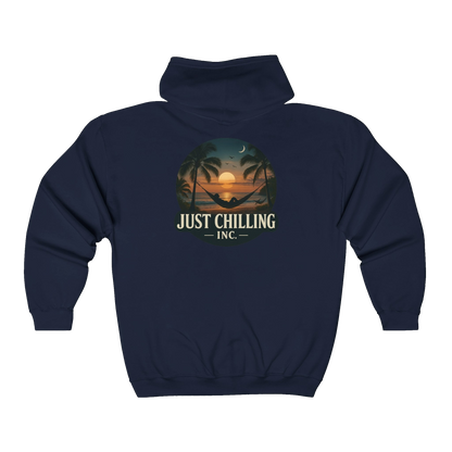 A navy blue hoodie with a graphic design on the back depicting a sunset and palm trees.