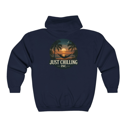 A navy blue hoodie with a graphic design on the back depicting a sunset and palm trees.