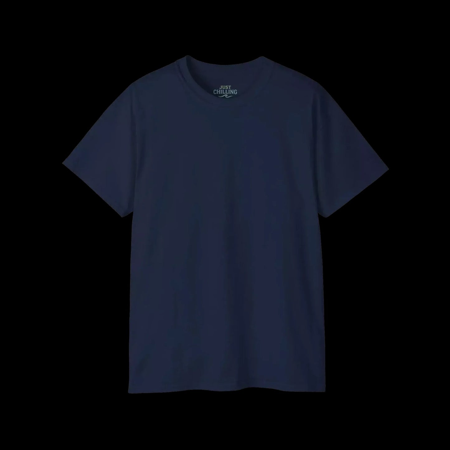 A navy blue t-shirt against a black background.
