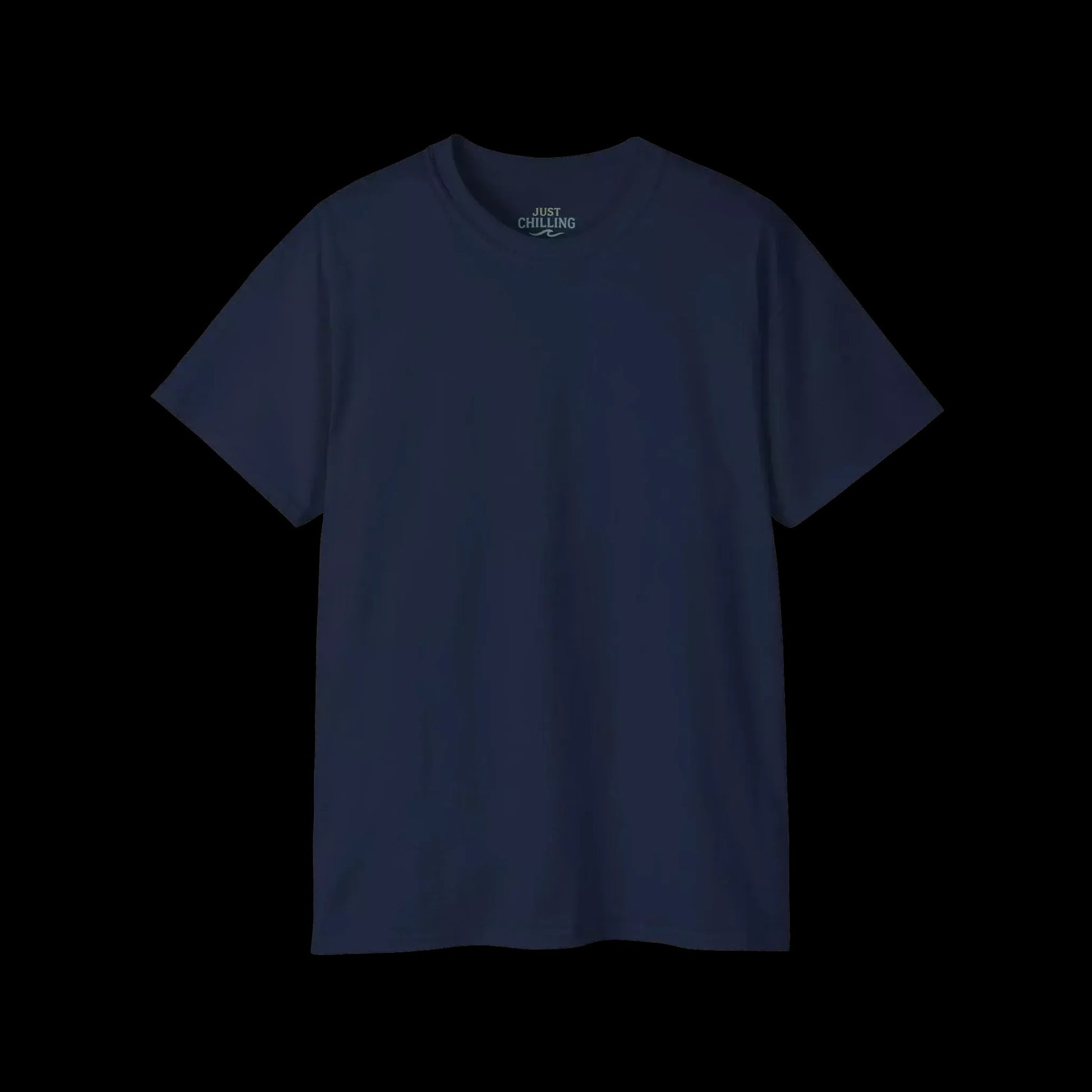 A navy blue t-shirt against a black background.