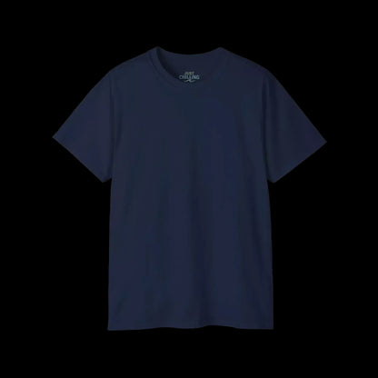 A navy blue t-shirt against a black background.