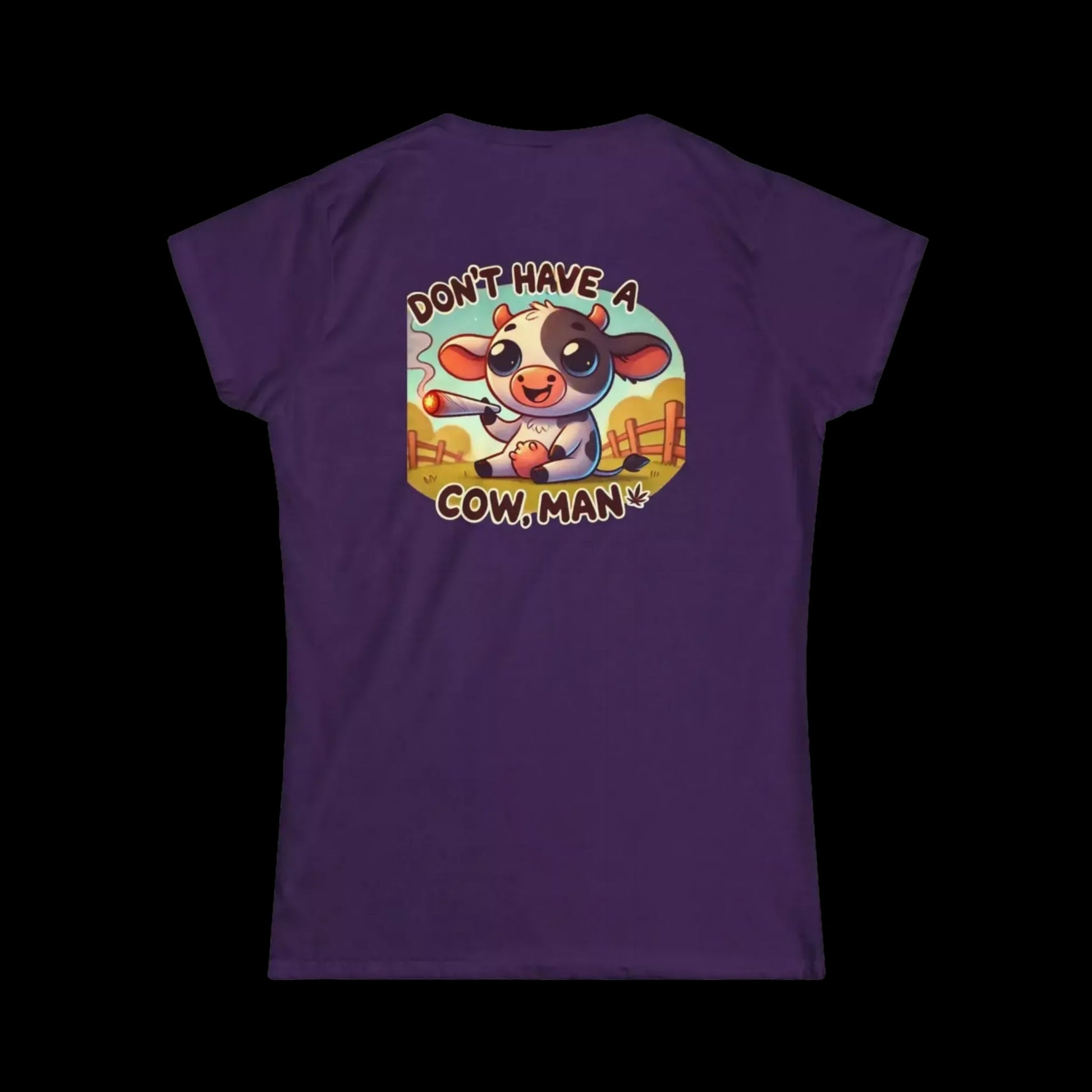 The image is a purple t-shirt with a cartoon cow and the text "Don't Have a Cow Man" printed on it.