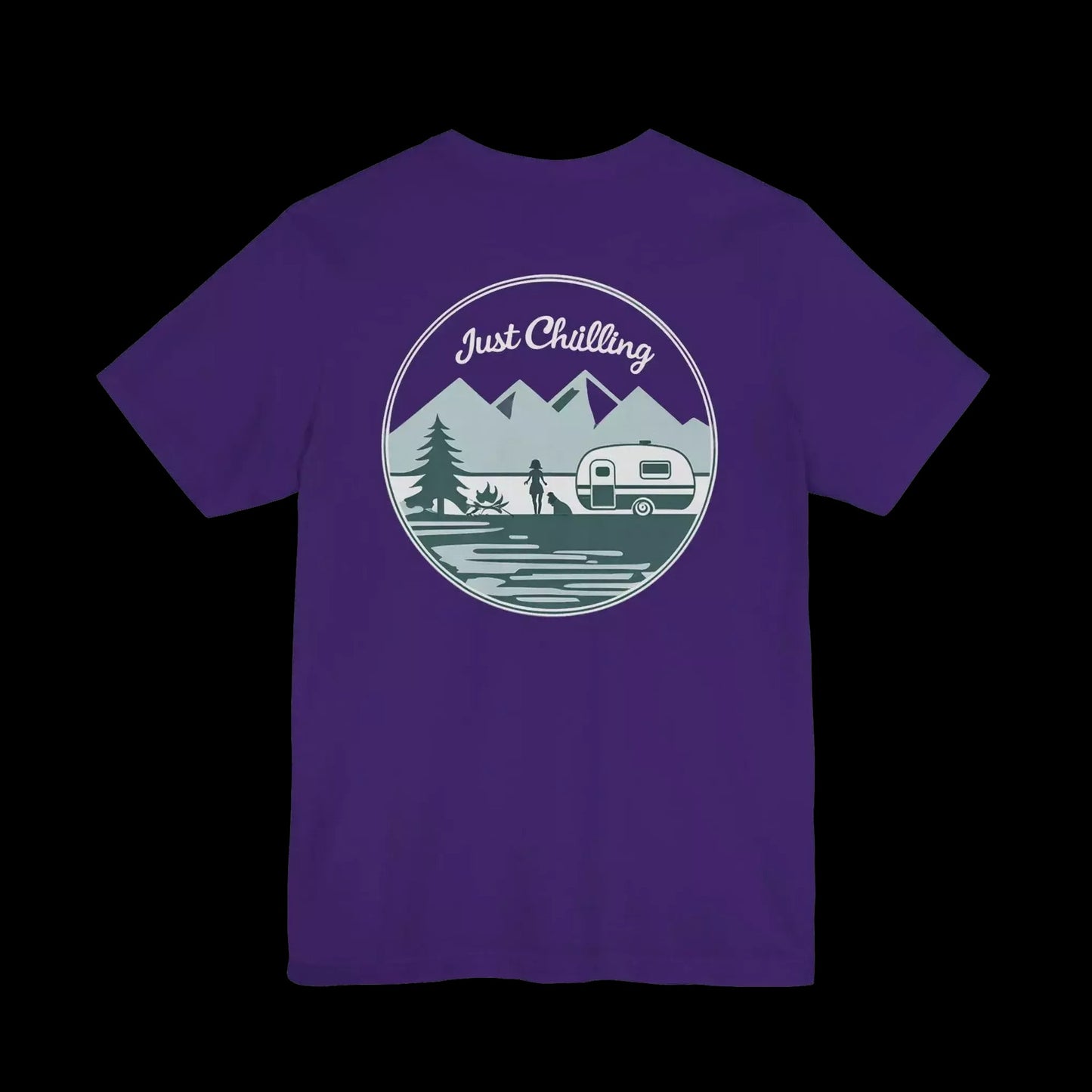 A purple t-shirt with a graphic design featuring a mountain landscape, a camper van, and the text "Just Challenging" in the center.