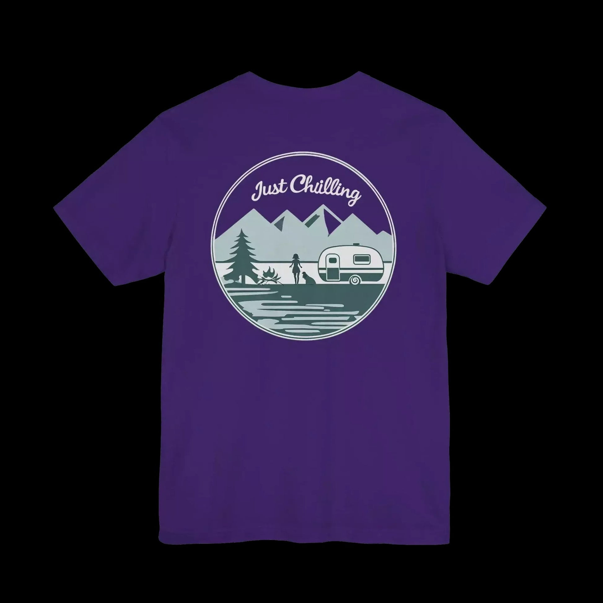 A purple t-shirt with a graphic design featuring a mountain landscape, a camper van, and the text "Just Challenging" in the center.