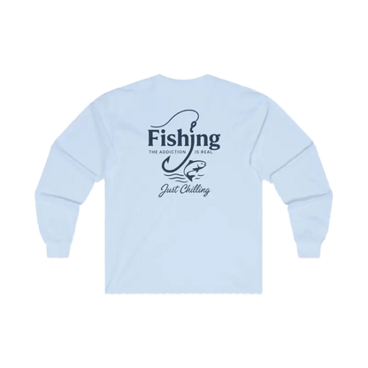 A white long-sleeved t-shirt with a graphic design on the back.