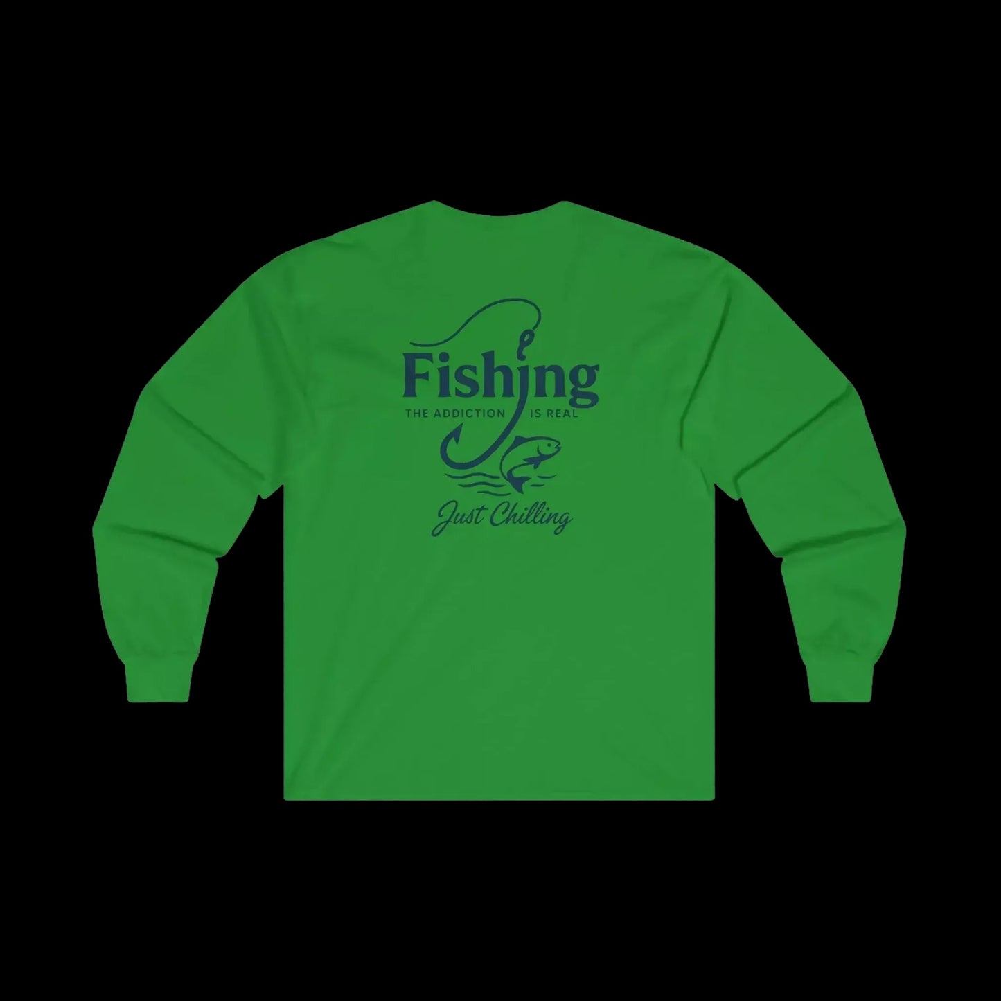 A bright green long-sleeve t-shirt with a graphic design on the back.