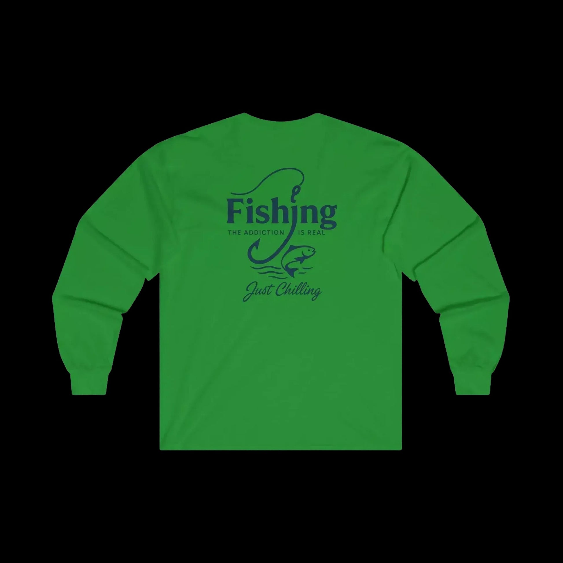 A bright green long-sleeve t-shirt with a graphic design on the back.