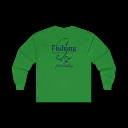 A bright green long-sleeve t-shirt with a graphic design on the back.