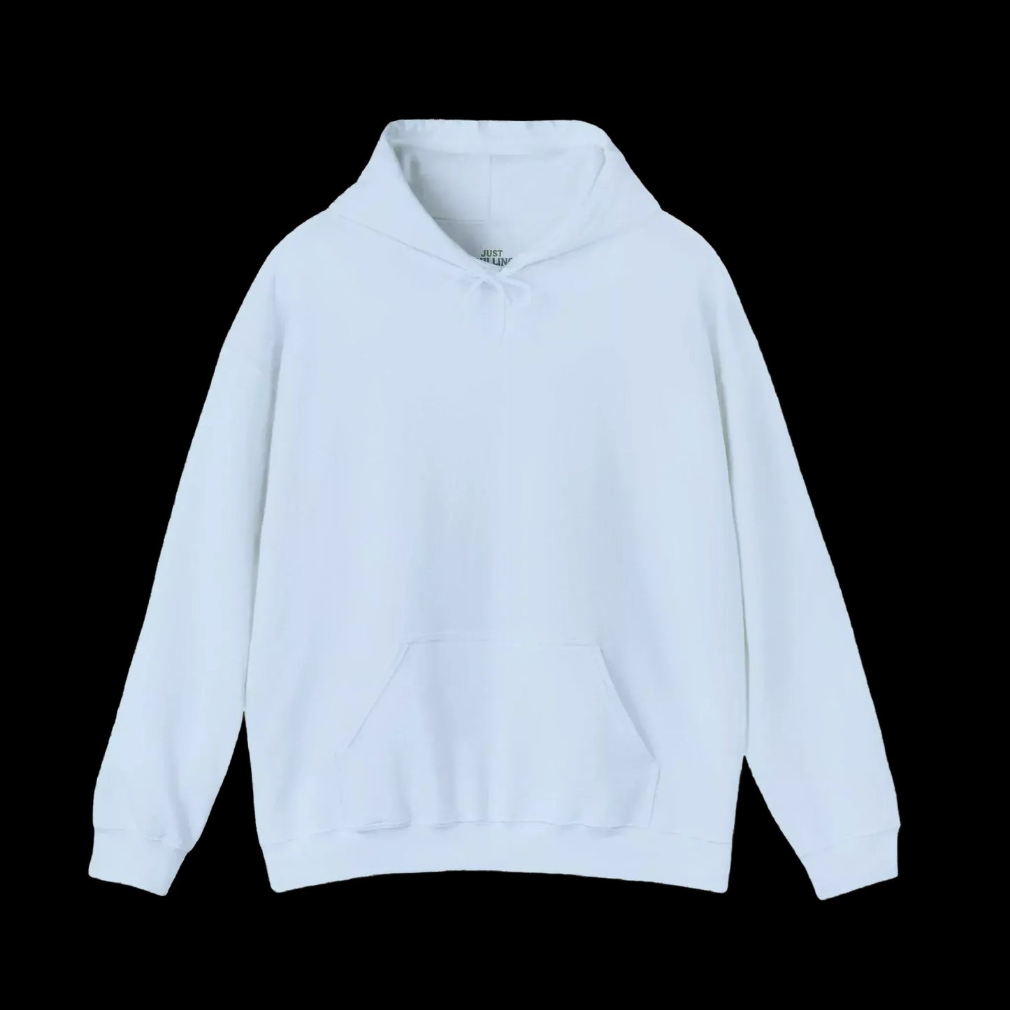 A white hoodie with a front pocket is shown against a black background.