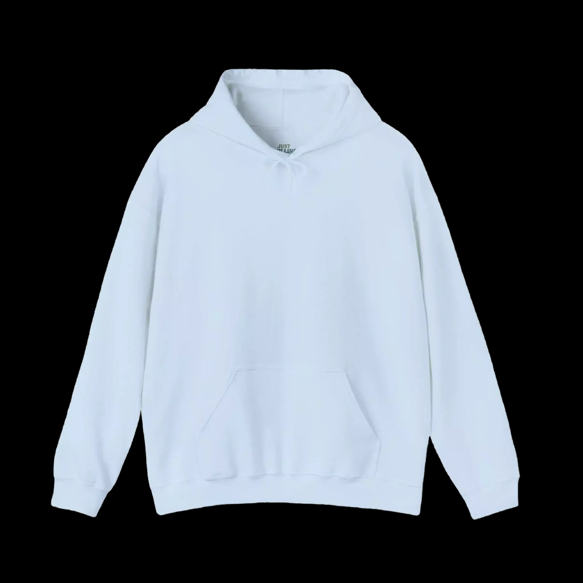A white hoodie with a front pocket is shown against a black background.
