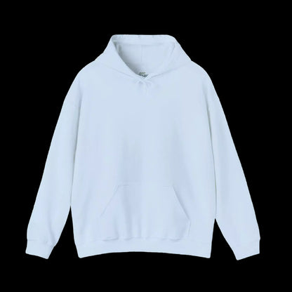 A white hoodie with a front pocket is shown against a black background.