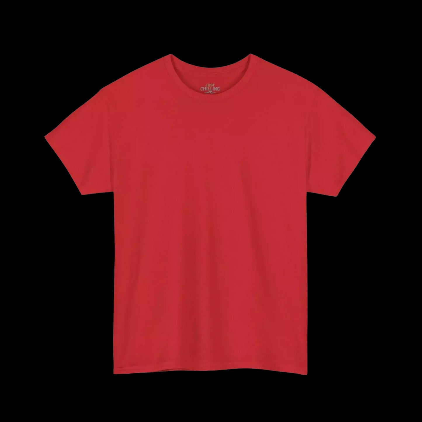 A red t-shirt is shown against a black background.