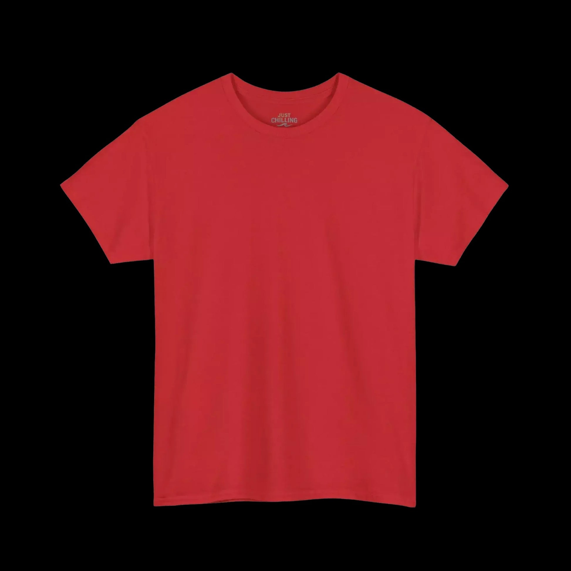A red t-shirt is shown against a black background.