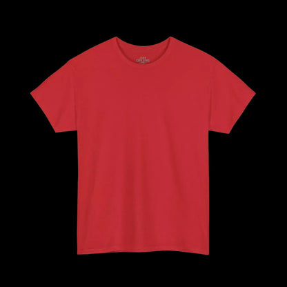 A red t-shirt is shown against a black background.