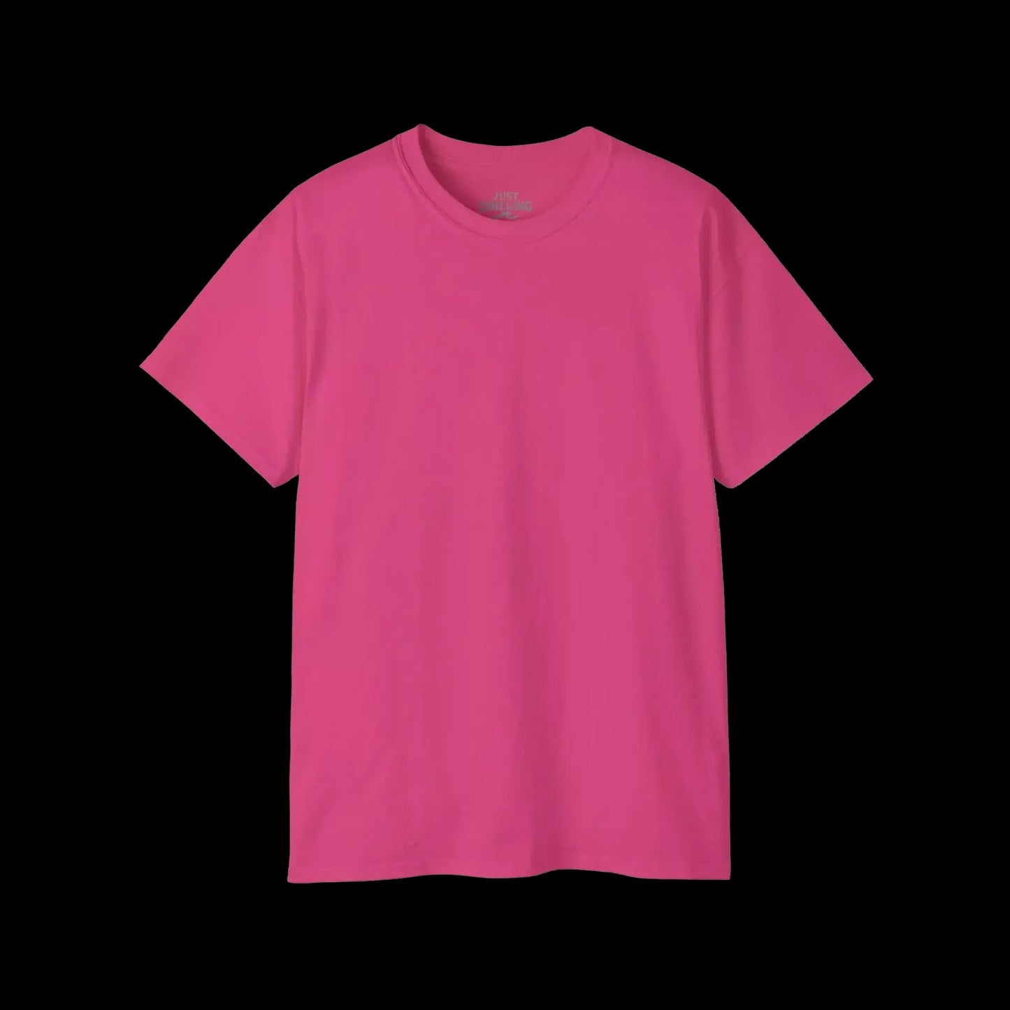 A bright pink t-shirt is shown against a black background.
