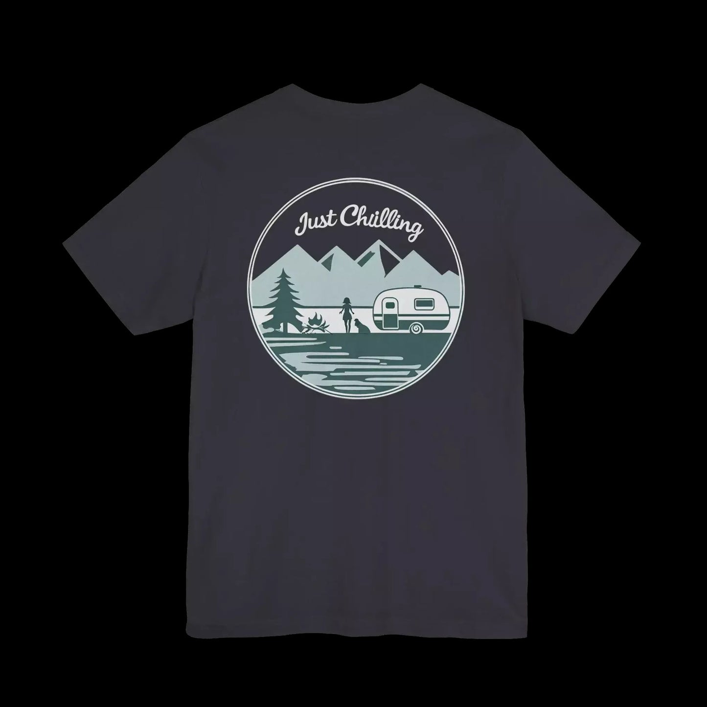 A t-shirt design featuring a circular graphic with a mountain landscape, a camper van, and a person camping. The text "Just Challenging" is written above the graphic.