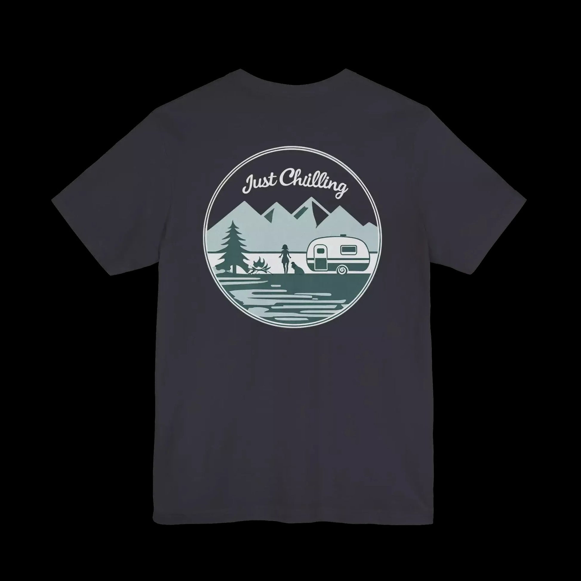 A t-shirt design featuring a circular graphic with a mountain landscape, a camper van, and a person camping. The text "Just Challenging" is written above the graphic.
