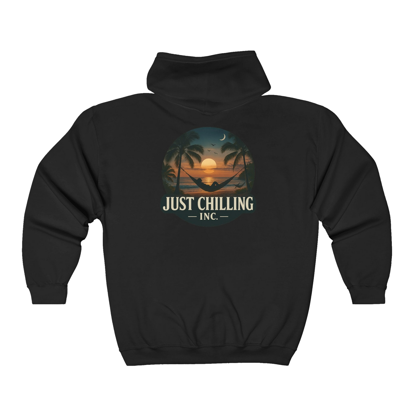 A black hoodie with a graphic design on the back depicting a sunset and palm trees.