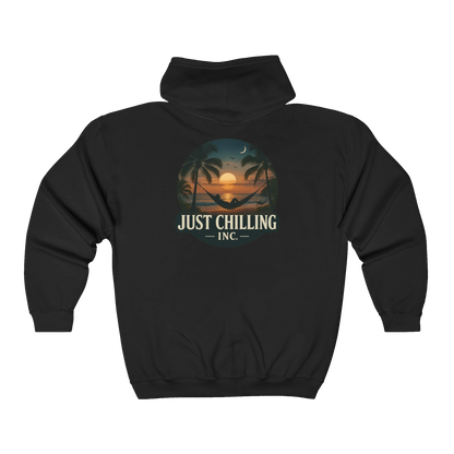 A black hoodie with a graphic design on the back depicting a sunset and palm trees.