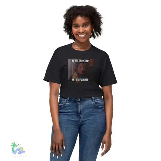 Black t-shirt with ’Home Alone’ movie graphic.