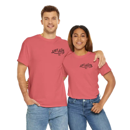 A man and a woman wearing matching red t-shirts with the text "JUST KILLING INC." printed on them stand side by side against a black background.