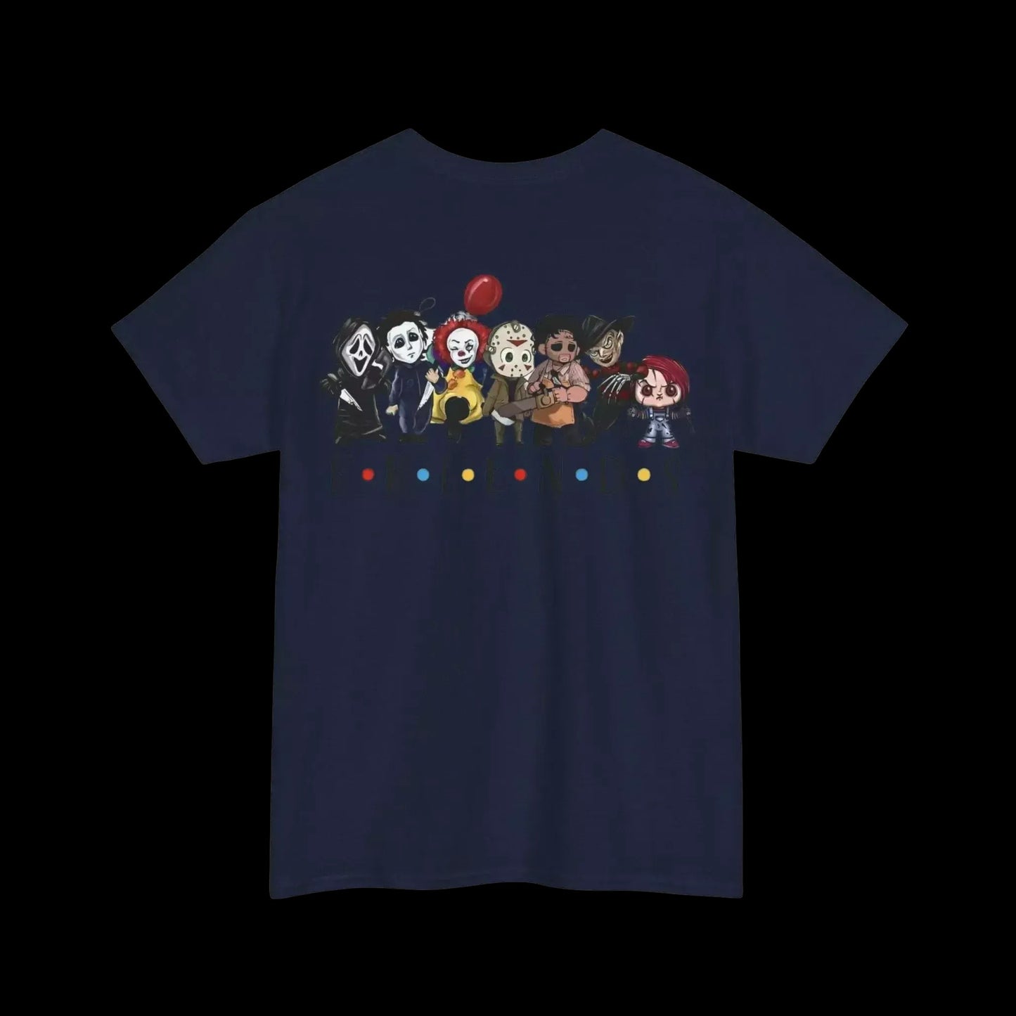 A t-shirt with a graphic design featuring a group of cartoon characters, including a clown, a boy, and a girl, all dressed in costumes and holding various objects.