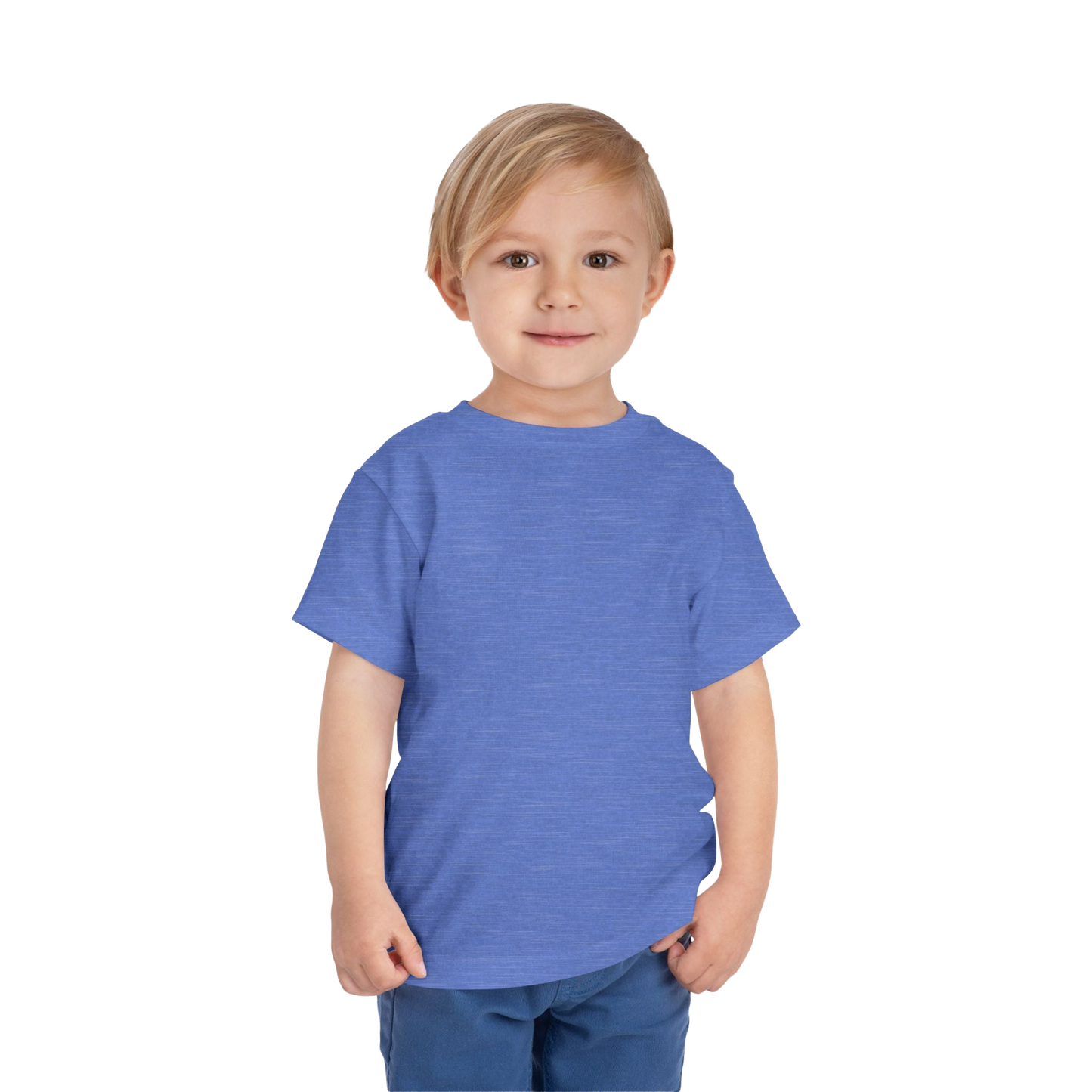 A young boy with blonde hair is smiling and wearing a blue t-shirt.