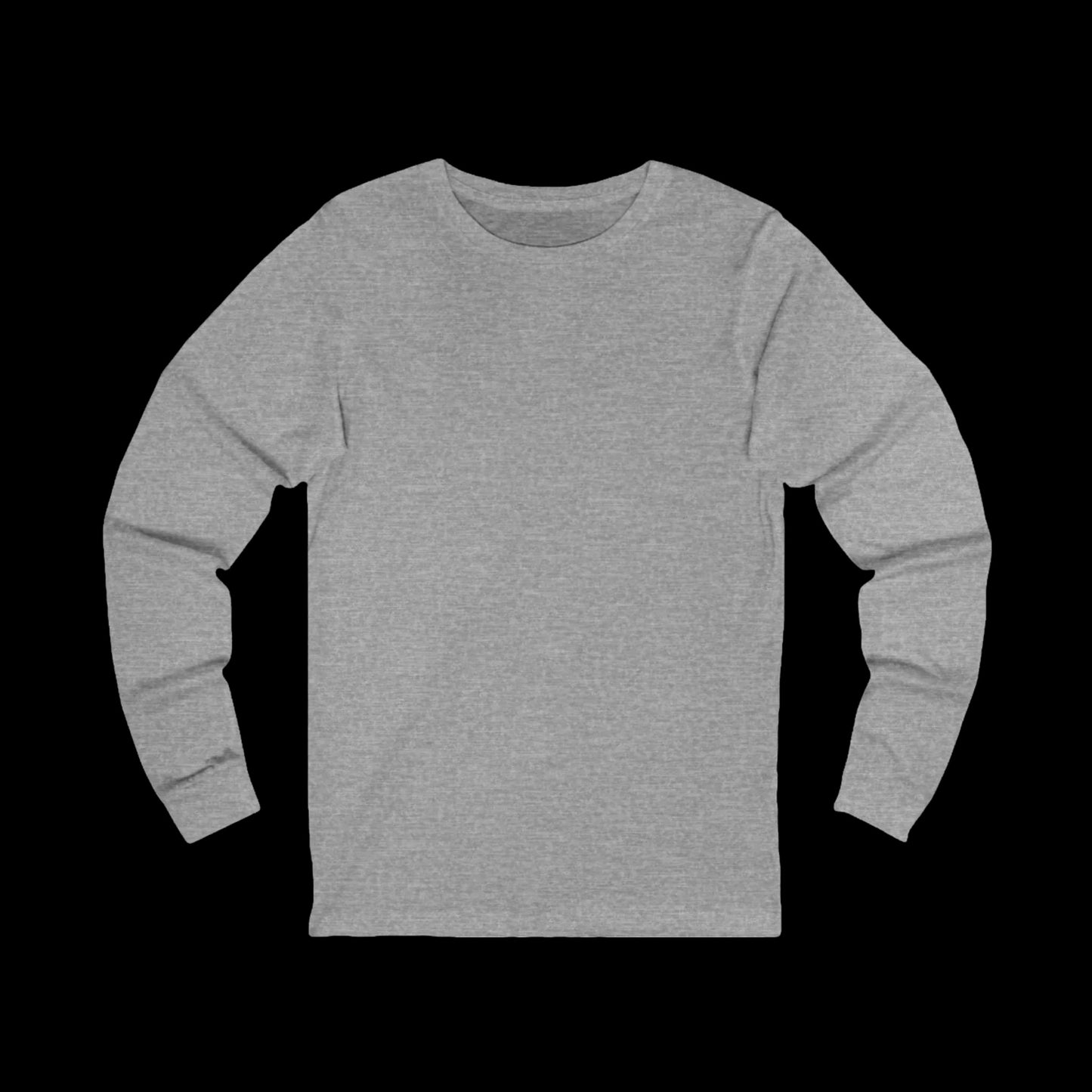 A gray long-sleeve t-shirt is shown against a black background.